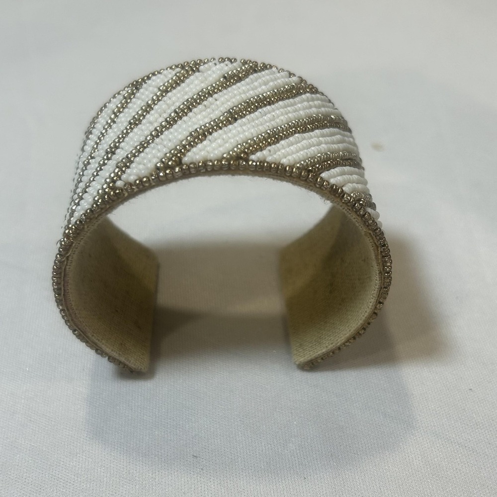 Bracelet White Beaded Cuff Womens Diagonal Stripe Boho Fashion Statement Jewelry
